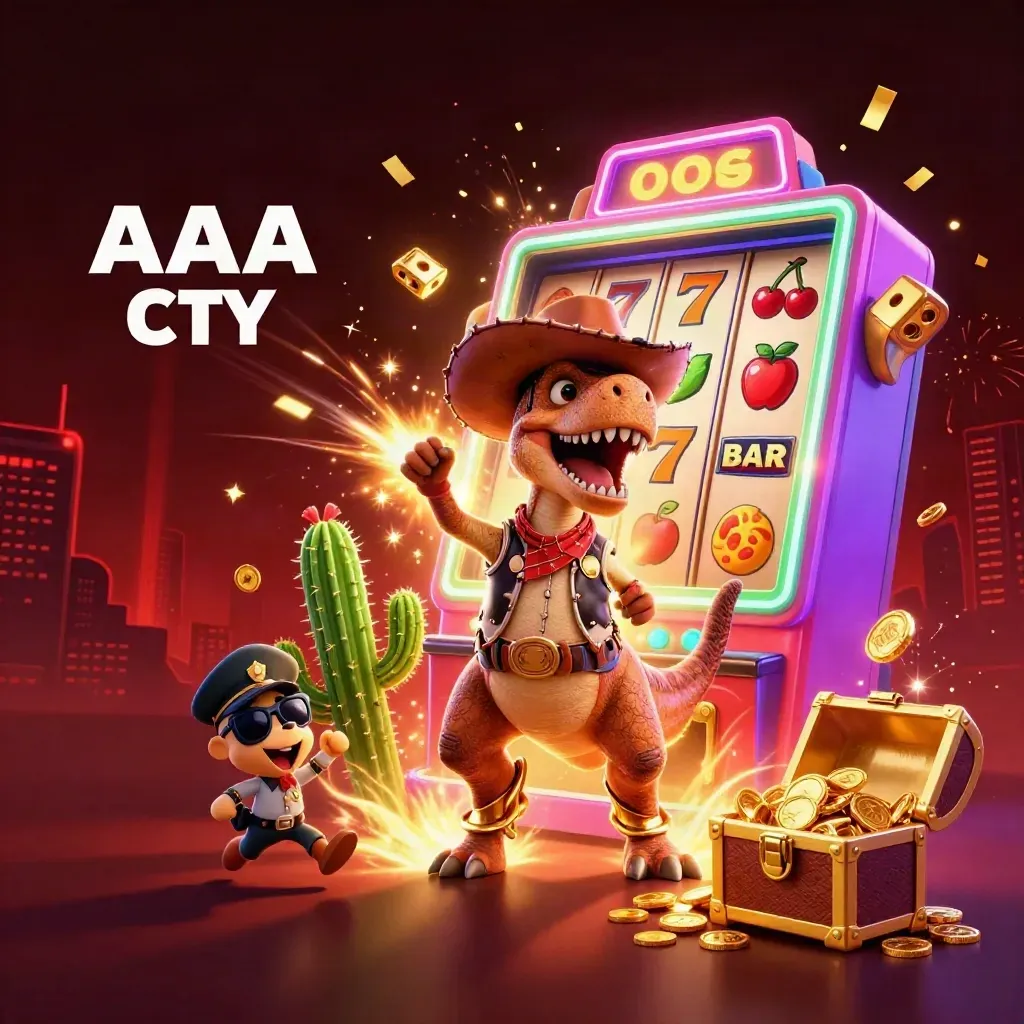 Cartoon cowboy T-Rex, cactus, and roadrunner amid exploding jackpot slot machine gold and neon glow