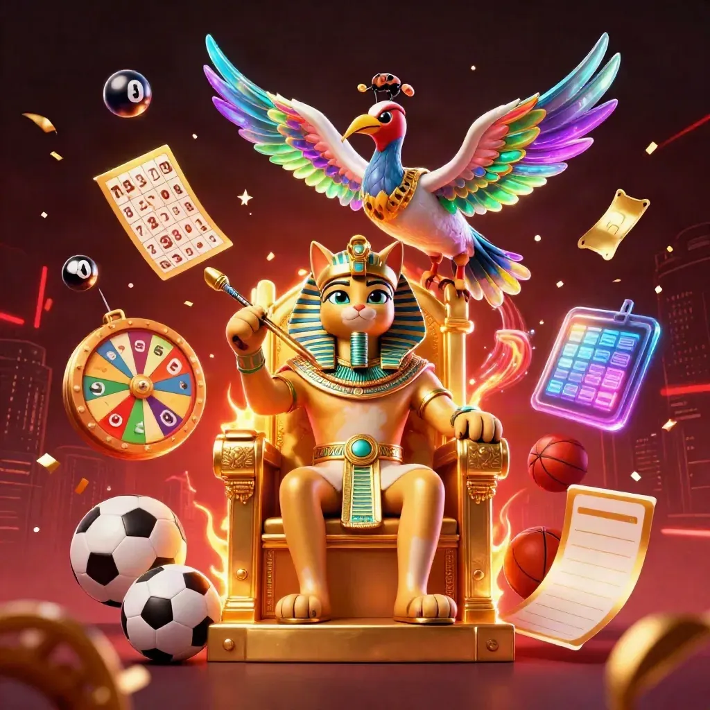 Pharaoh cat, ibis scribe and scarabs amid casino balls, wheel, confetti and neon glow