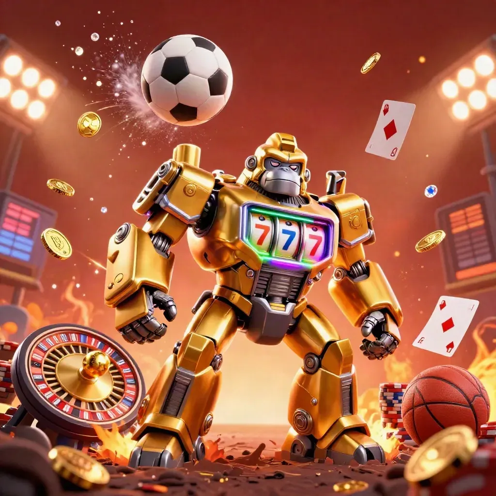 Golden gorilla mech kicks a soccer ball amid casino symbols, coins, and ember-lit stadium haze.