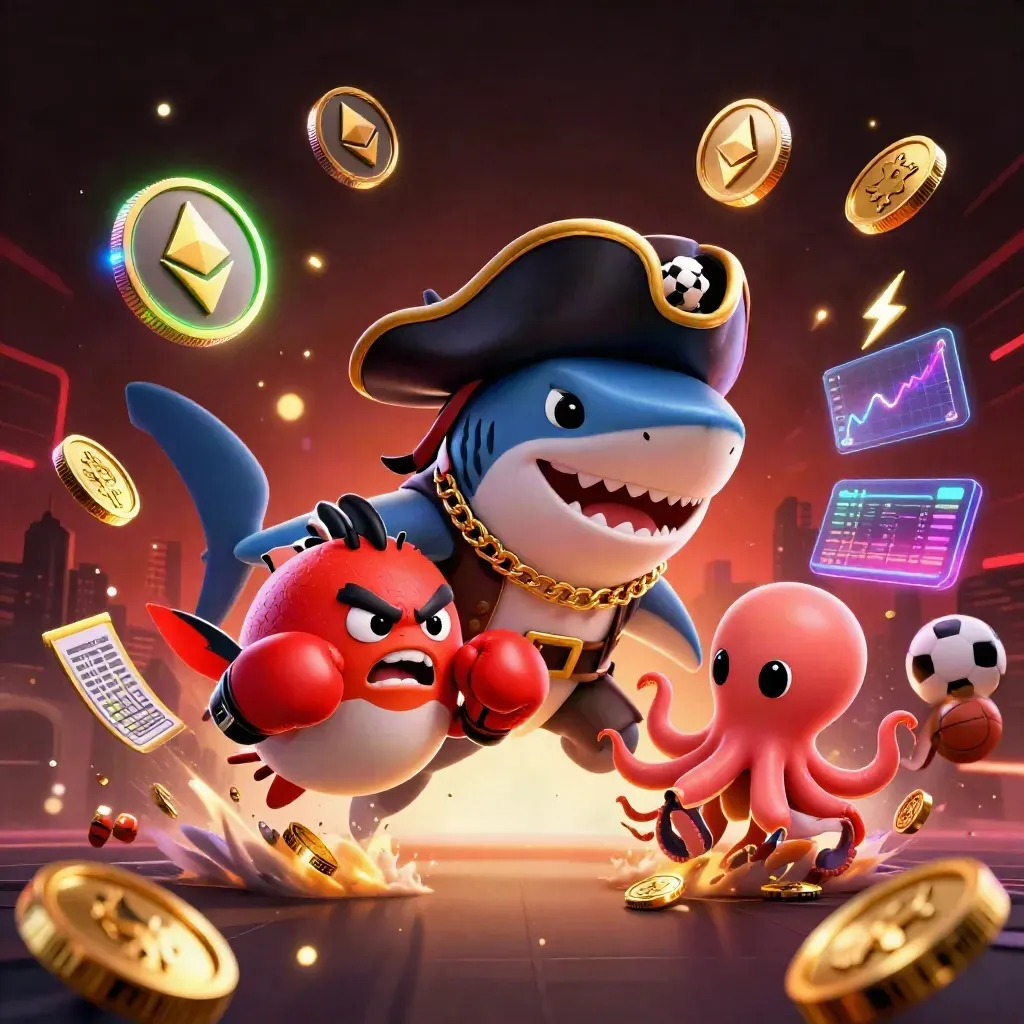 Pirate shark, boxing pufferfish, and juggling octopus amid coins, balls, and neon casino effects.
