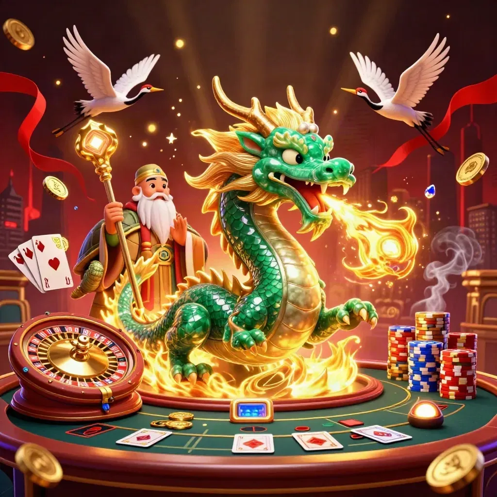 Emerald dragon, turtle sage, and cranes amid casino lights, coins, cards, chips, and roulette spin.