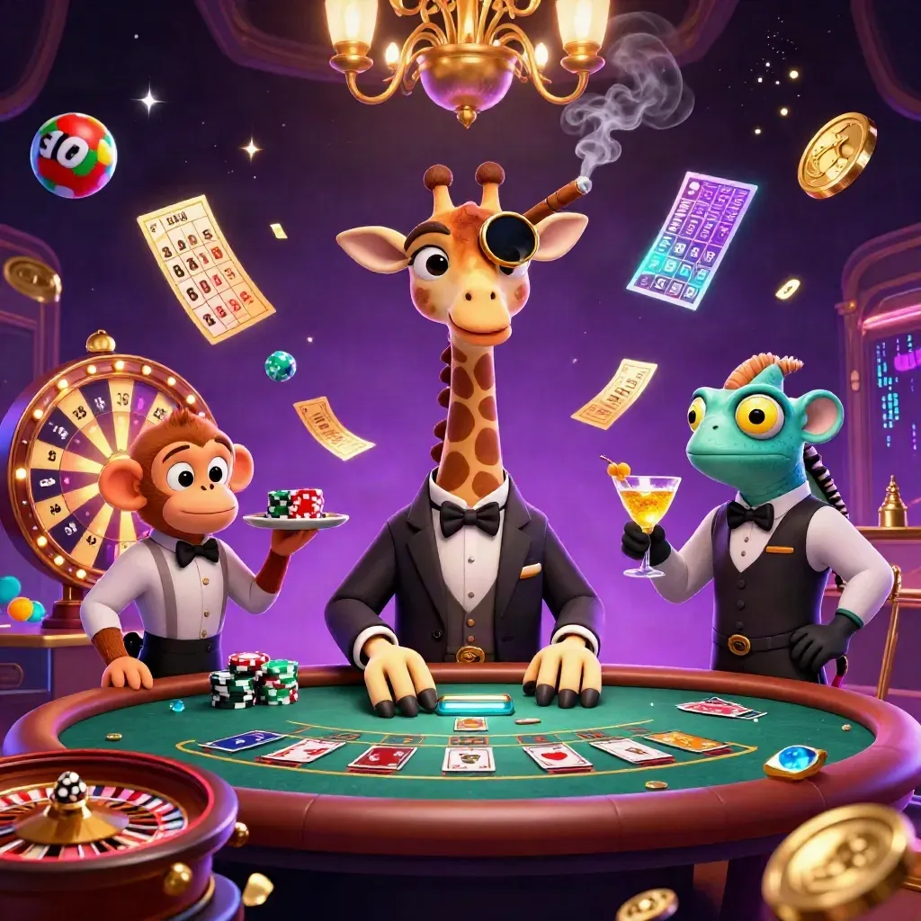 Giraffe high roller, monkey valet, chameleon bartender amid jackpots, neon casino glow