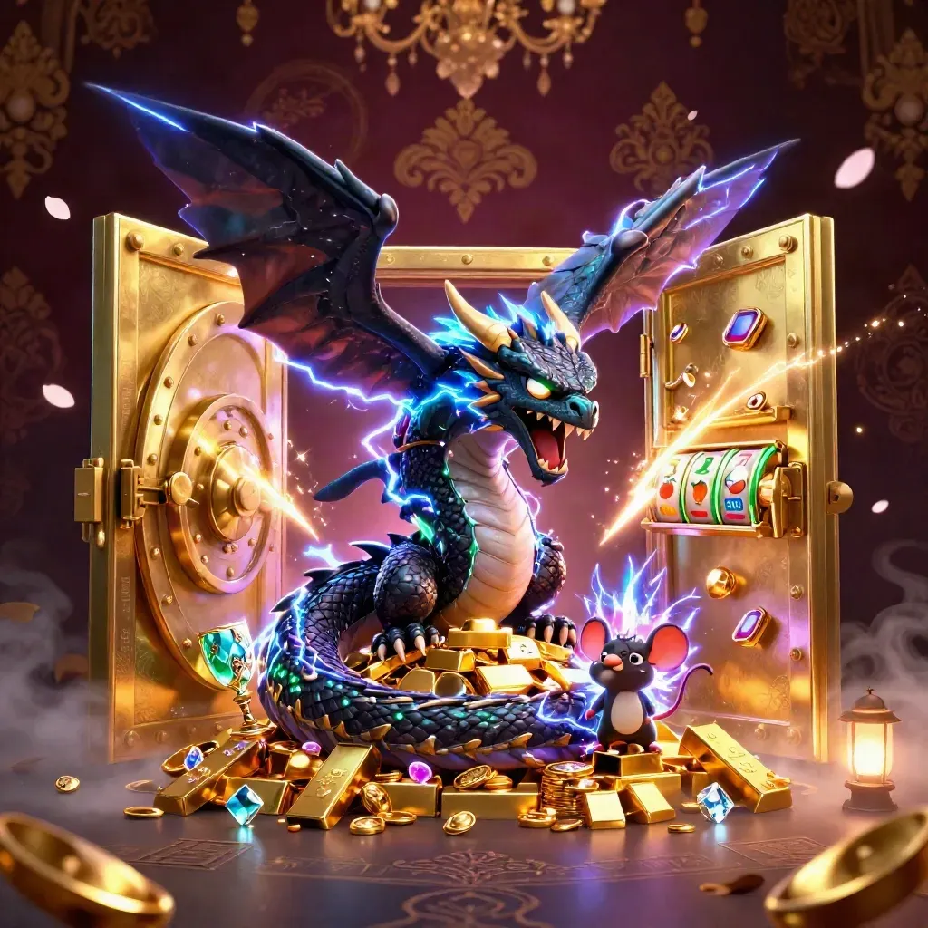 Thunder dragon, hawk, and mouse amid bursting vault treasure and casino glow.