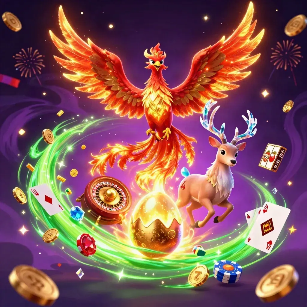 Phoenix, baby phoenix, and crystal stag with coins and jackpots in neon casino magic.