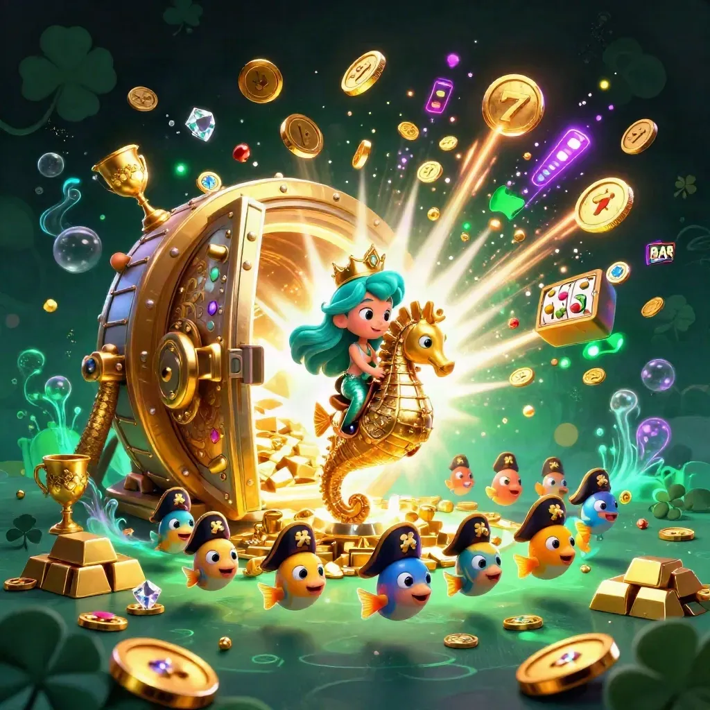 Mermaid princess rides armored seahorse through a bursting gold vault with fish pirates and casino loot.