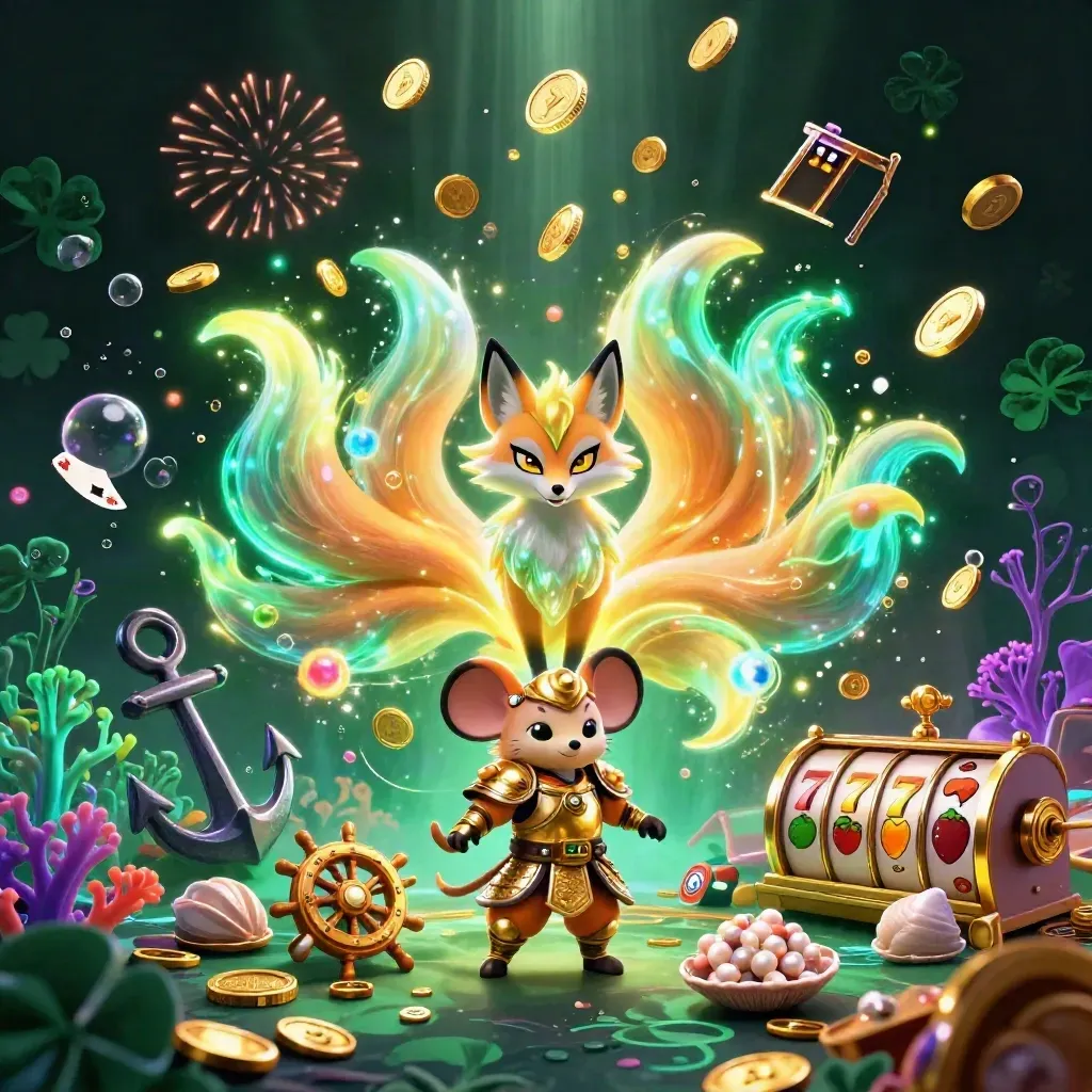 Nine-tailed fox spirit and samurai mouse amid coin shower, coral, reels, and jackpots.