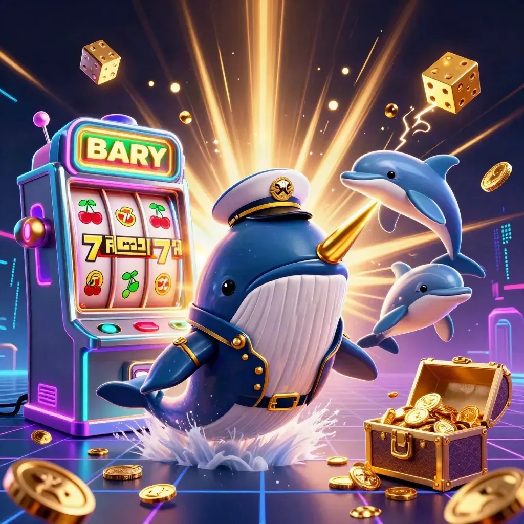 Whale captain, narwhal and dolphins burst through coins beside a glowing jackpot slot machine