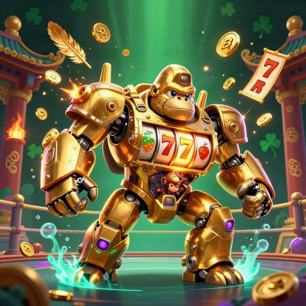 Golden gorilla slot mech with tiny monkey pilot amid coins, reels, temple gate, and neon glow